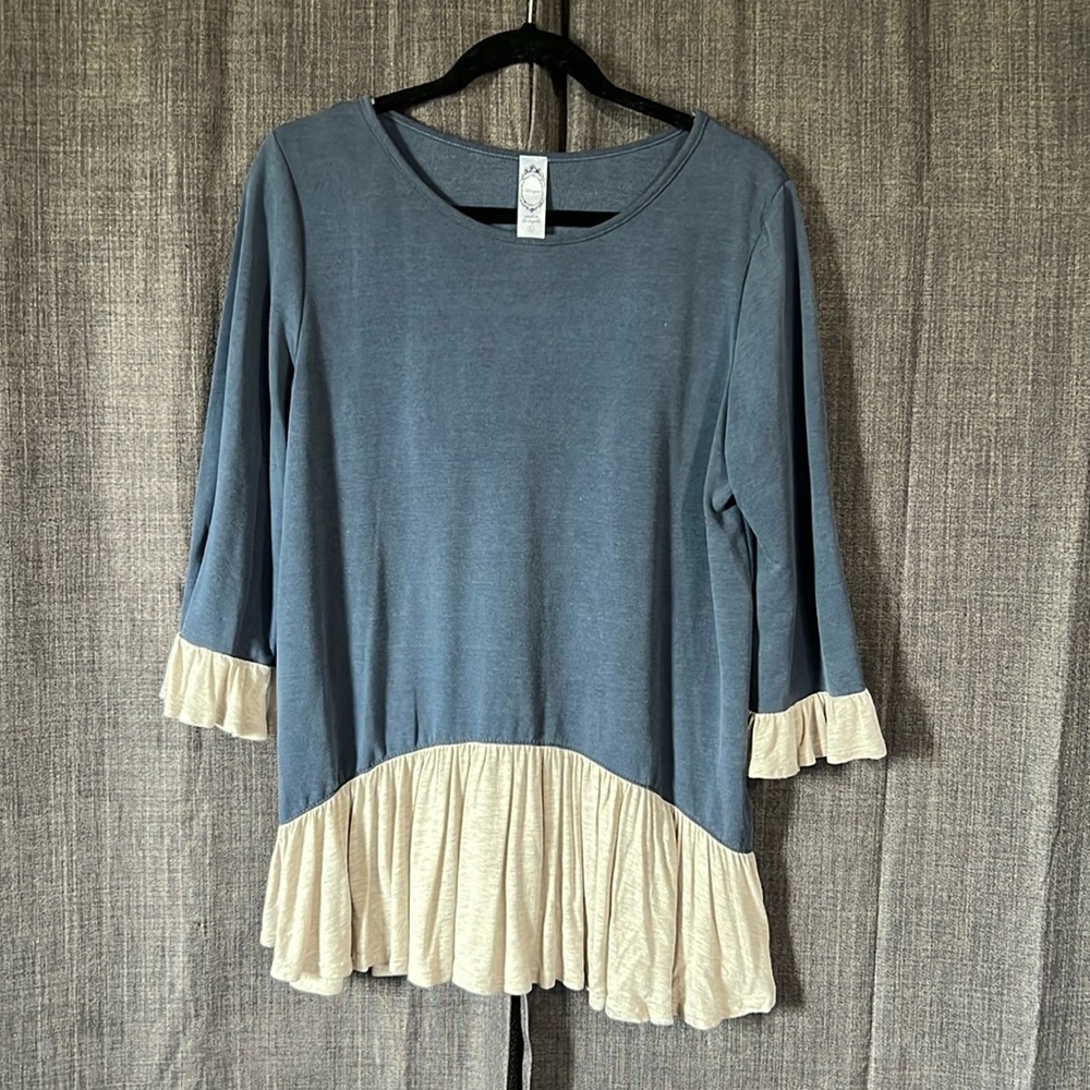 Honeyme blue and beige blouse with peplum skirt hemline and cuffs large